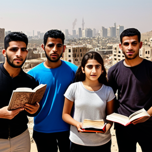 Home 4 **
A group of diverse young Iraqis (men and women) looking hopeful, some holding books, others using laptops. In the background, a partially rebuilt city skyline with both modern buildings and ancient ruins visible. The overall tone is one of resilience and a desire for a better future, despite challenges.
**