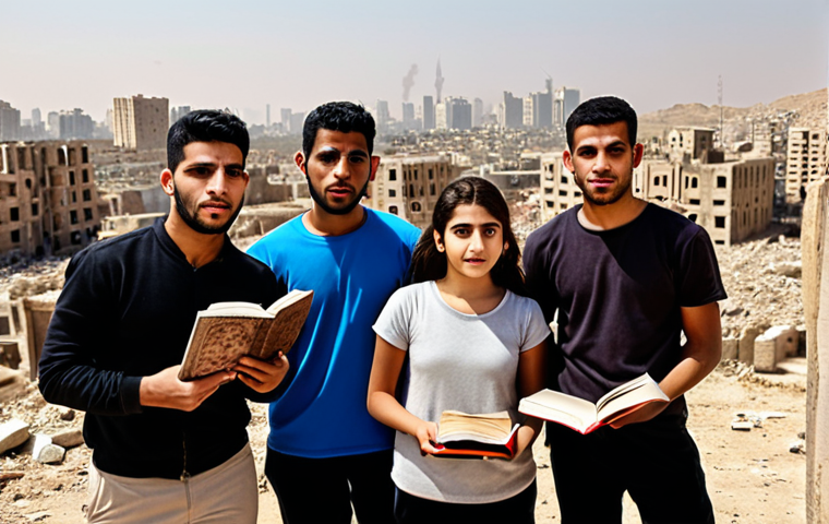 **

A group of diverse young Iraqis (men and women) looking hopeful, some holding books, others using laptops. In the background, a partially rebuilt city skyline with both modern buildings and ancient ruins visible. The overall tone is one of resilience and a desire for a better future, despite challenges.

**