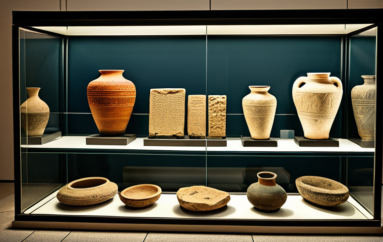 Ancient Artifact Display**

"A well-lit museum display case featuring cuneiform tablets and ancient pottery from Mesopotamia, professional museum photography, safe for work, appropriate content, fully clothed visitors observing the artifacts, educational setting, perfect anatomy, correct proportions, natural pose, high resolution, realistic rendering."

**